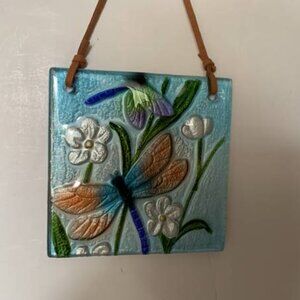 NWT Hand Painted Embossed Glass Floral and Dragonflies Suncatcher